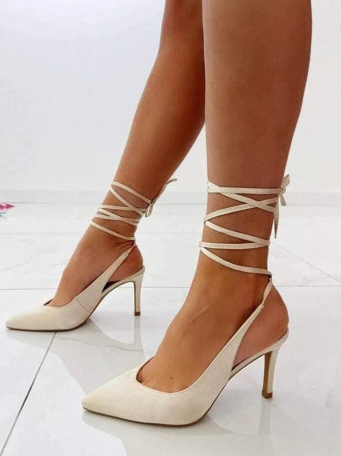 Décolleté Sandalo Lacci Caviglia Scarpa Tacco Donna Rosa Pelle